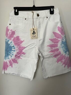 Easel Tie-Dye White Denim Shorts with Pink & Blue Burst NWT
